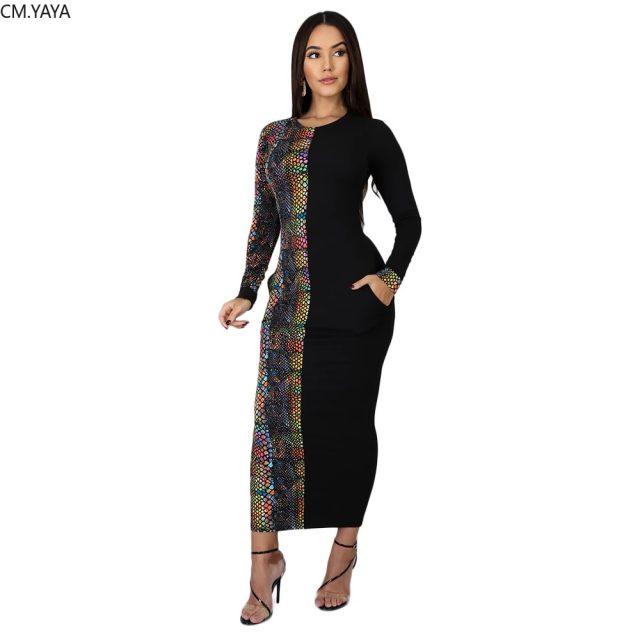 Women Winter Long Dress Full Sleeve Snakeskin Print Dress Pockets O-Neck Sexy Night Club Party Bandage Maxi Dresses Bodycon 6217