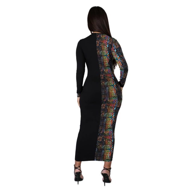 Women Winter Long Dress Full Sleeve Snakeskin Print Dress Pockets O-Neck Sexy Night Club Party Bandage Maxi Dresses Bodycon 6217