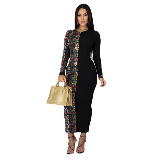 Women Winter Long Dress Full Sleeve Snakeskin Print Dress Pockets O-Neck Sexy Night Club Party Bandage Maxi Dresses Bodycon 6217