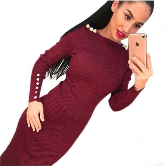 Fashion Women Sexy Bodycon Dress Autumn Winter Knitted Midi Dress Robe Solid Package Hip Long Sleeve Dresses Ribbed Party GV420