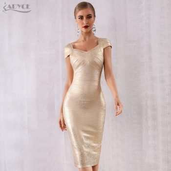 ADYCE 2019 New Summer Gold Bandage Dress Women Vestido Sexy Short Sleeve Bodycon Club Dress Midi Celebrity Evening Party Dresses
