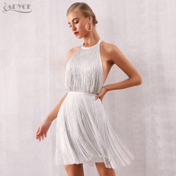 Adyce Women Tassel Bandage Dress Vestidos 2019 New Summer Sexy Celebrity Evening Party Dress White Mini Halter Fringe Club Dress