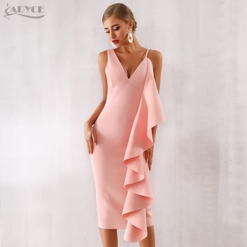 Adyce New Summer Women Pink Celebrity Evening Runway Party Dress Vestidos 2019 Sexy Sleeveless Ruffles White Bodycon Club Dress