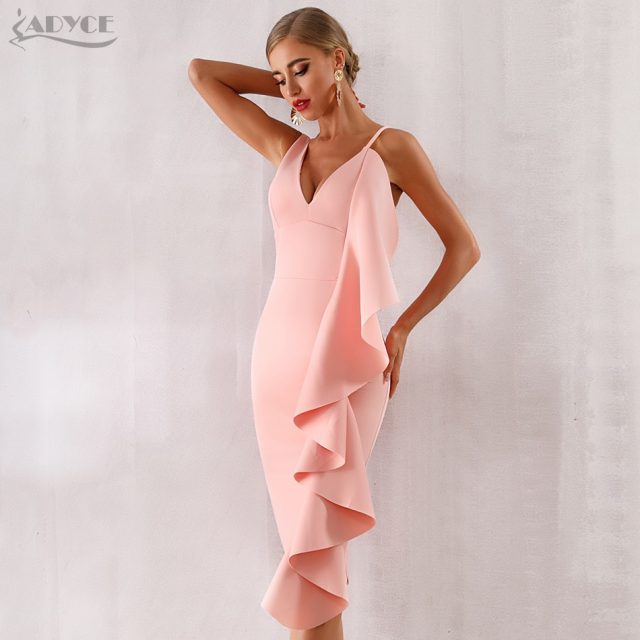Adyce New Summer Women Pink Celebrity Evening Runway Party Dress Vestidos 2019 Sexy Sleeveless Ruffles White Bodycon Club Dress