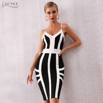 Adyce 2019 New Summer Women Bodycon Bandage Dress Vestido Elegant Black Spaghetti Strap Striped Club Dress Celebrity Party Dress