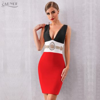 ADYCE 2019 New Summer Sleeveless Bandage Dress Women Sexy V Neck Bodycon Club Dress Bead Celebrity Evening Party Dress Vestidos