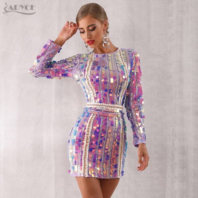 Adyce 2019 New Winter Women Celebrity Evening Runway Party Dress Vestido Sexy Violet Long Sleeve Sequined Mini Luxury Club Dress
