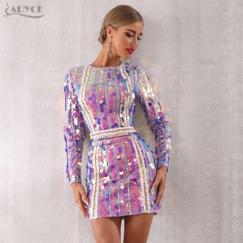 Adyce 2019 New Winter Women Celebrity Evening Runway Party Dress Vestido Sexy Violet Long Sleeve Sequined Mini Luxury Club Dress