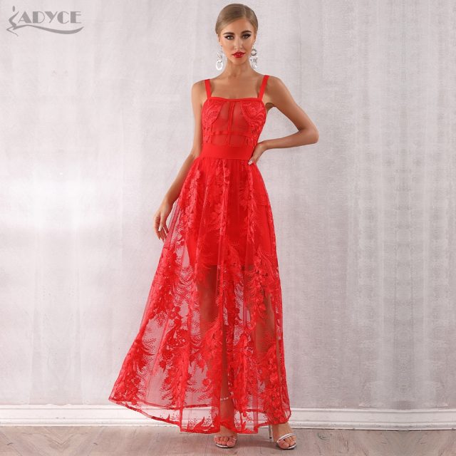 Adyce 2019 New Arrivals Women Red Sexy Spaghetti Strap Bodycon Dress Lace Sleeveless Maxi Dress Celebrity Party Dress Vestidos