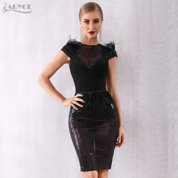 Adyce 2019 New Summer Bandage Dress Women Elegant Black Sequined Lace Sexy Feather Bodycon Club Bead Dress Celebrity Party Dress