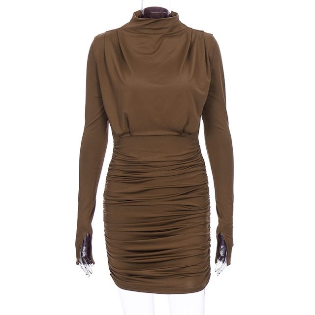 Hugcitar 2019 long sleeve ruched pure sexy mini dress autumn winter women streetwear party outfits clubwear