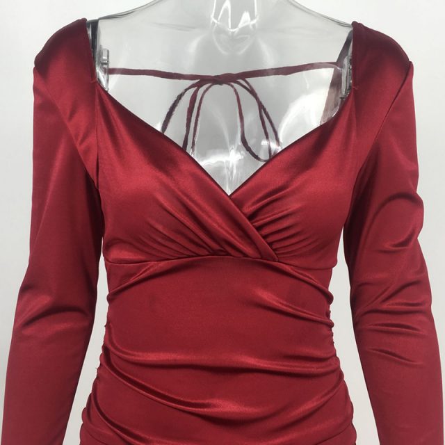 HolaTeenYang Sexy Dress Ruch V-neck Backless Long Sleeves Mini Dress Solis Winered Celebrity Party Club Evening Vestidos 2020