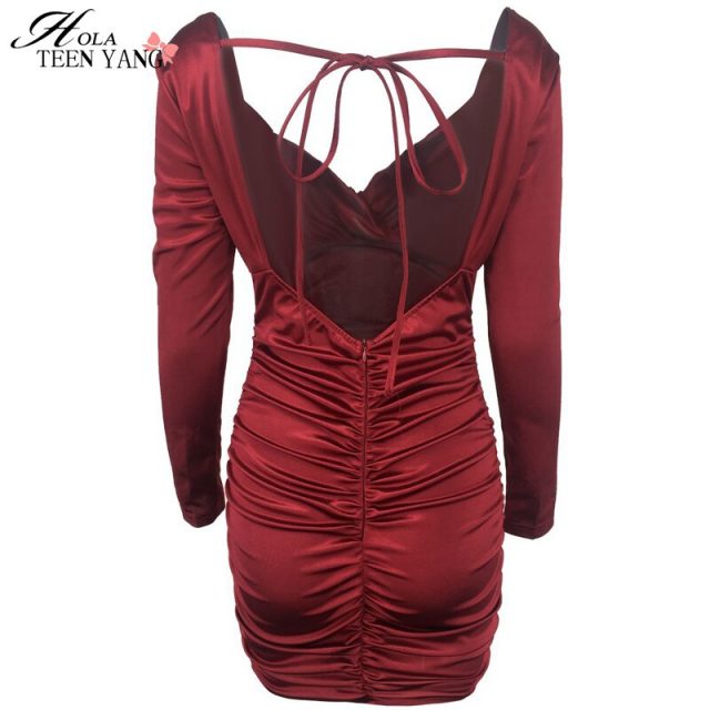 HolaTeenYang Sexy Dress Ruch V-neck Backless Long Sleeves Mini Dress Solis Winered Celebrity Party Club Evening Vestidos 2020