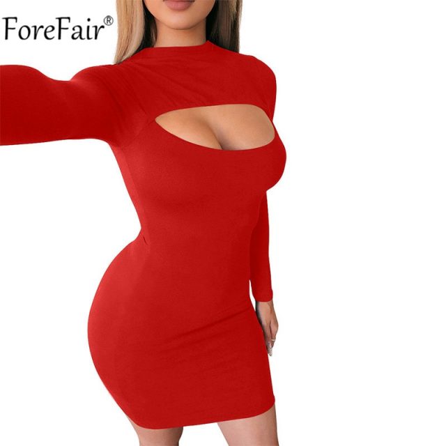 Forefair Turtleneck Women Bodycon Dress Basic Black Sexy Hollow Out Long Sleeve Party White Nightclub Autumn Spring Red Dresses
