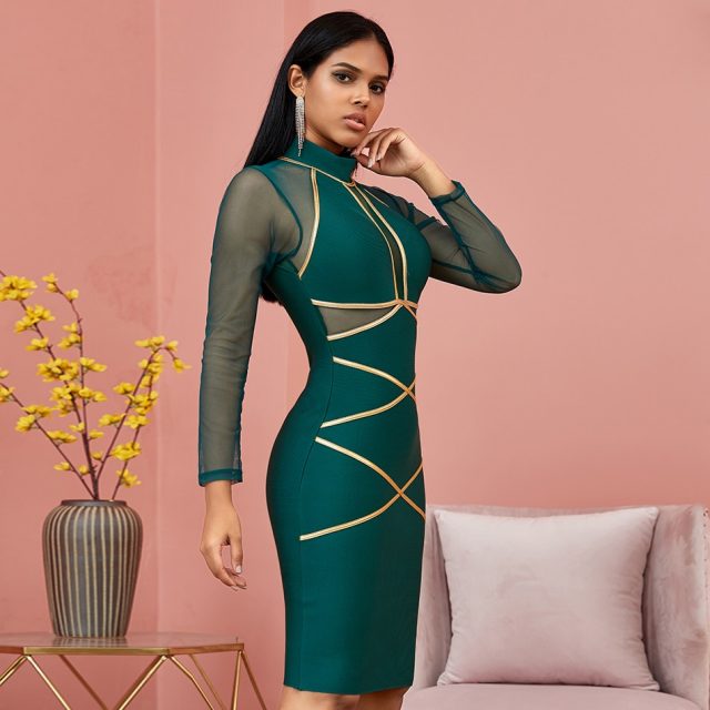 Winter Autumn Green Long Sleeve Bodycon Bandage Dress Women Sexy Hollow Out Mesh Dresses Celebrity Evening Runway Party Vestidos