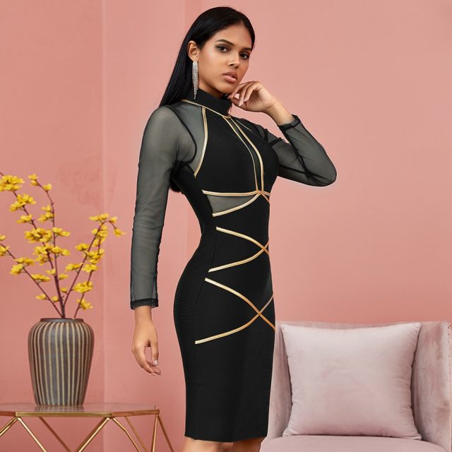 Winter Autumn Green Long Sleeve Bodycon Bandage Dress Women Sexy Hollow Out Mesh Dresses Celebrity Evening Runway Party Vestidos