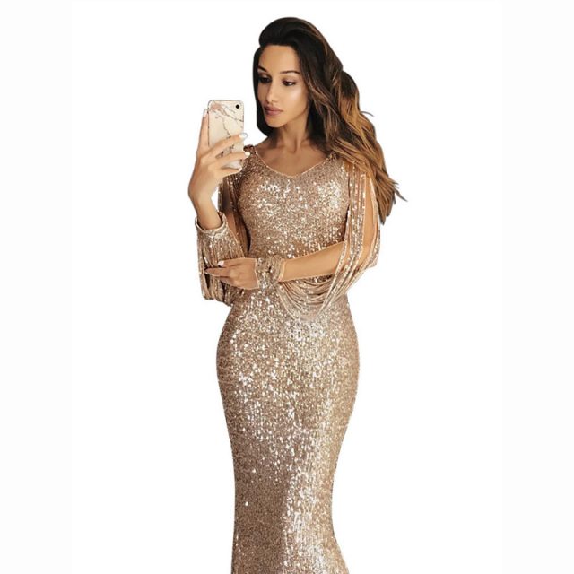 Elegant Tassels Sleeve Gold Sequin Dress Women Evening Party Glitter Metal Sexy Bodycon Long Maxi Dresses 2020