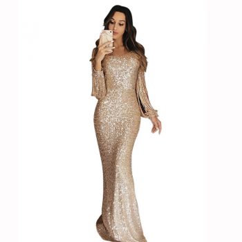 Elegant Tassels Sleeve Gold Sequin Dress Women Evening Party Glitter Metal Sexy Bodycon Long Maxi Dresses 2020