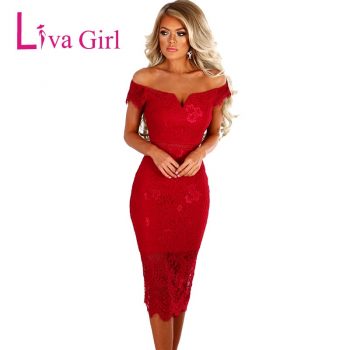 LIVA GIRL Lace Party Dresses Women Off Shoulder Bodycon Midi Dress Sexy Red 2019 Summer Dress Pencil Office Vestidos De Fsiesta