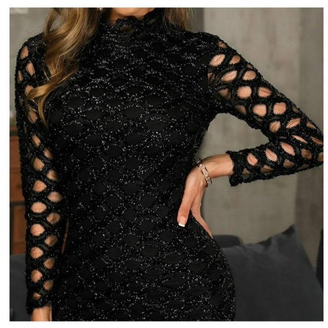 Bling Bling Vintage Sparkling Cutout Women Sexy Dresses Gown Long Sleeve Turtleneck Hollow Out Women Sheath Dresses Ropa Mujers