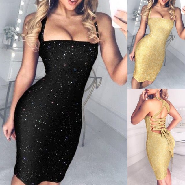 Sexy Womens Halter Square neck Summer Bodycon Sleeveless Sequined Sparkle Holiday Beach Party Short Mini Dress Backless Sundress