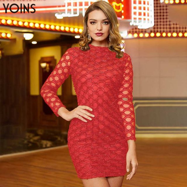 YOINS Sparkling Hollow Out Stand Collar Long Sleeves Bodycon Dress 2019 Fashion Women Mini Dresses Stylish Female Party Vestidos