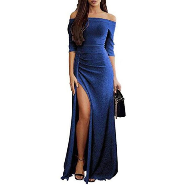 Spring Long Sexy Off Shoulder Party Dress Women Solid Shining Bodycon Sparkling Vintage Dinner Split Vestidos  Long Dress Female