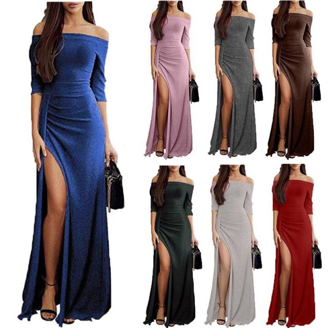 Spring Long Sexy Off Shoulder Party Dress Women Solid Shining Bodycon Sparkling Vintage Dinner Split Vestidos  Long Dress Female