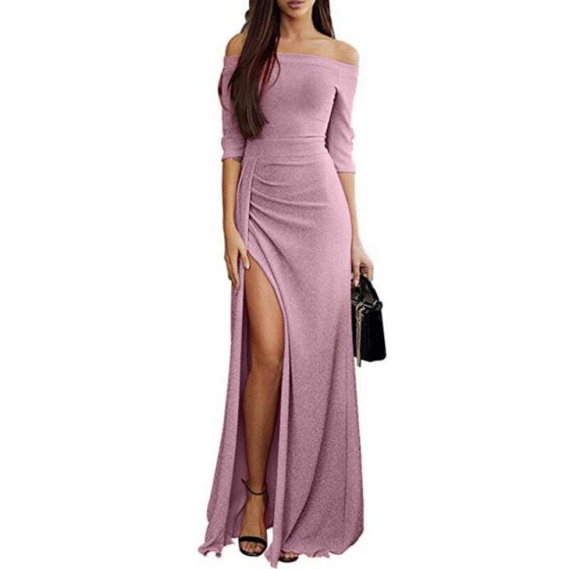 Spring Long Sexy Off Shoulder Party Dress Women Solid Shining Bodycon Sparkling Vintage Dinner Split Vestidos  Long Dress Female