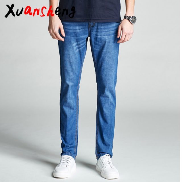 Brand thin men’s jeans 2019 stretch straight light color summer breathable classic streetwear dress light blue black jeans