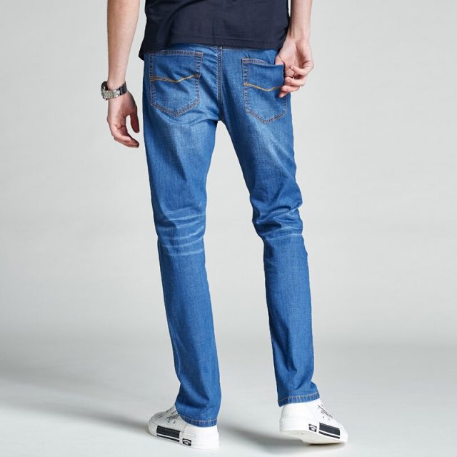 Brand thin men’s jeans 2019 stretch straight light color summer breathable classic streetwear dress light blue black jeans