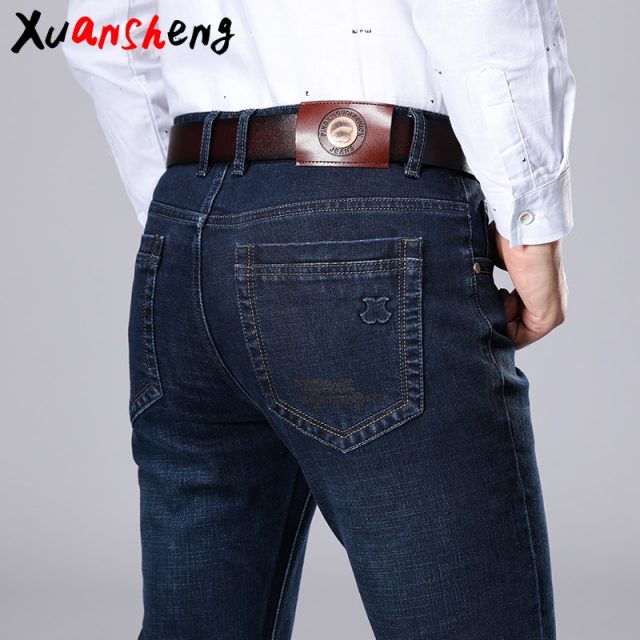 Xuansheng brand  men’s jeans 2019 autumn and winter thick business work casual stretch slim jeans classic pants blue black jeans