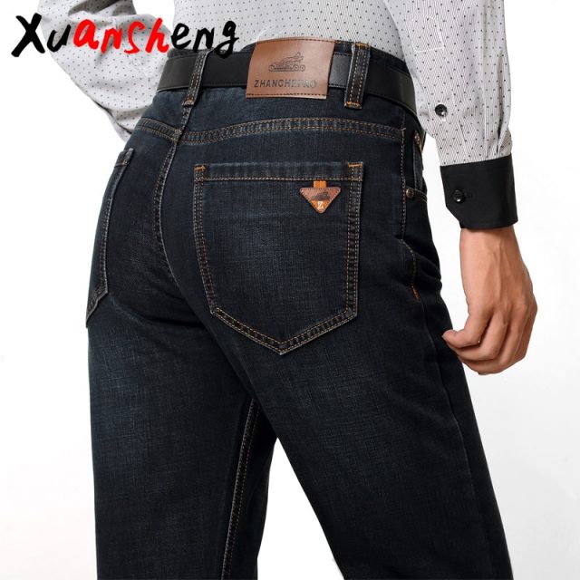Xuan Sheng wide leg men’s jeans 2019 high waist stretch loose straight brand blue black classic long pants clothing denim jeans
