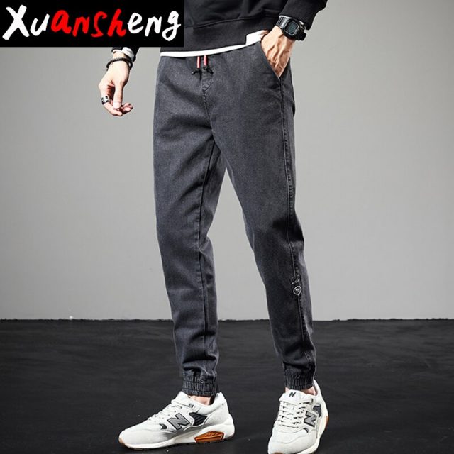 Youth Hip-hop Loose Harem Beaded Jeans Men’s 2019 New Classic Spring Autumn Gray Drawstring Fashion Design Cat Paw Foot jeans