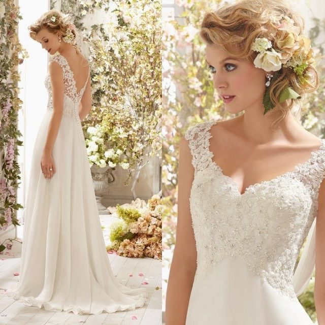 New Romantic Summer Bridal Dress Fluid feel Chiffon Sleeveless Lace Deep V-Neck Adjustable Plus Size Wedding Dress