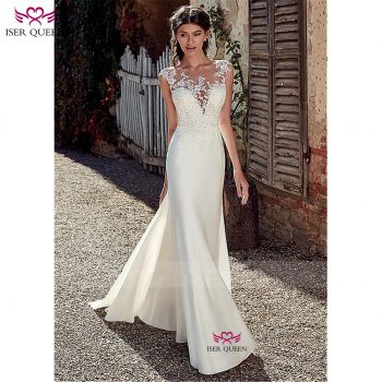 2019 Europe Style Satin Mermaid Wedding Dress Embroidery Lustrous Satin Deep V-neckline Vestido De Noiva Ivory Bride Dress w0517