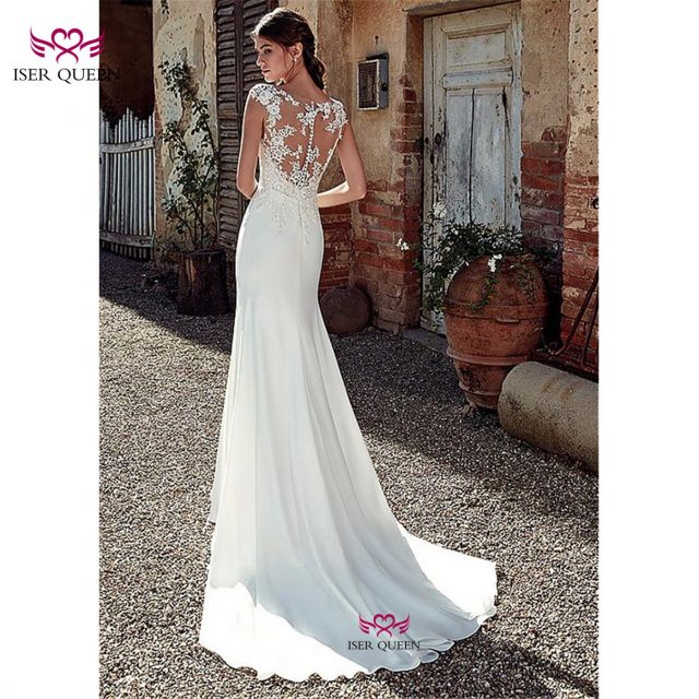 2019 Europe Style Satin Mermaid Wedding Dress Embroidery Lustrous Satin Deep V-neckline Vestido De Noiva Ivory Bride Dress w0517