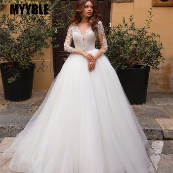 MYYBLE White Long Sleeves Lace Applique Bridal Gowns Tulle Wedding Dress 2020 Boho Sofuge Vestido De Noiva Dubai Arabic