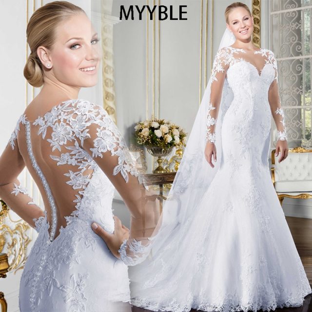 MYYBLE Sheer O-neck Long Sleeve Mermaid Wedding Dress 2020 See Through Illusion Back White Bridal Gowns with Lace Appliques