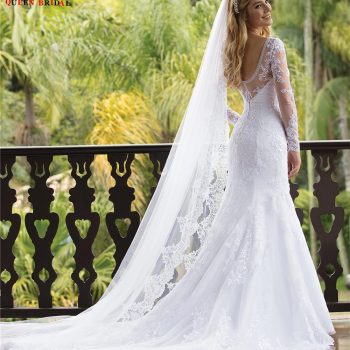 Custom Made Mermaid Long Sleeve Tulle Lace Beading Crystal Formal Sexy Bridal Wedding Dresses Vestido de Noiva 2020 WH84
