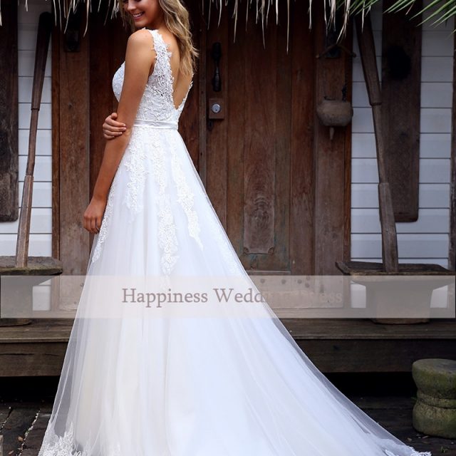 Beauty V-Neck Tulle Lace Wedding Dress White Appliques Backless with Zipper Custom Made 2020 Bridal Gowns