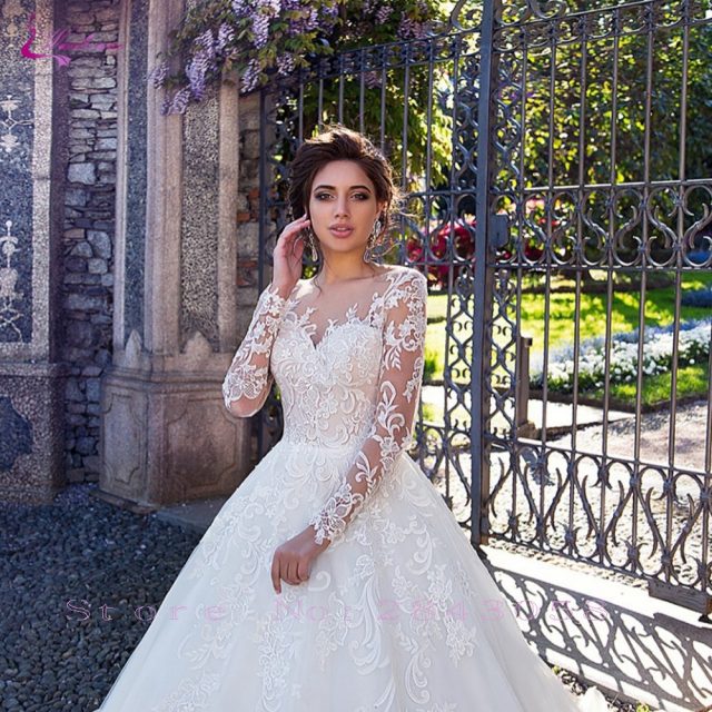 Waulizane Full Sleeve A Line Wedding Dress With Elegant Lace Of Button Closure Bridal Dress