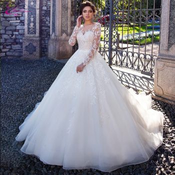 Waulizane Full Sleeve A Line Wedding Dress With Elegant Lace Of Button Closure Bridal Dress