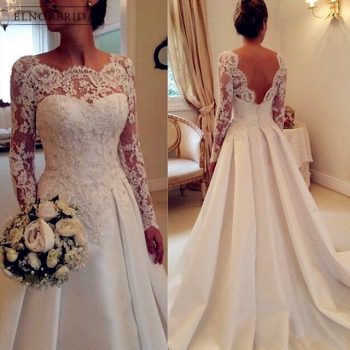 White Ivory Long Sleeve Lace Wedding Dresses 2019 Casamento Sheer A Line Custom Made Bridal Gowns Open Back Robe De Mariee