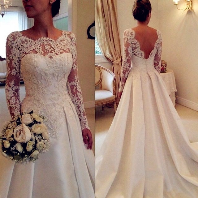 White Ivory Long Sleeve Lace Wedding Dresses 2019 Casamento Sheer A Line Custom Made Bridal Gowns Open Back Robe De Mariee
