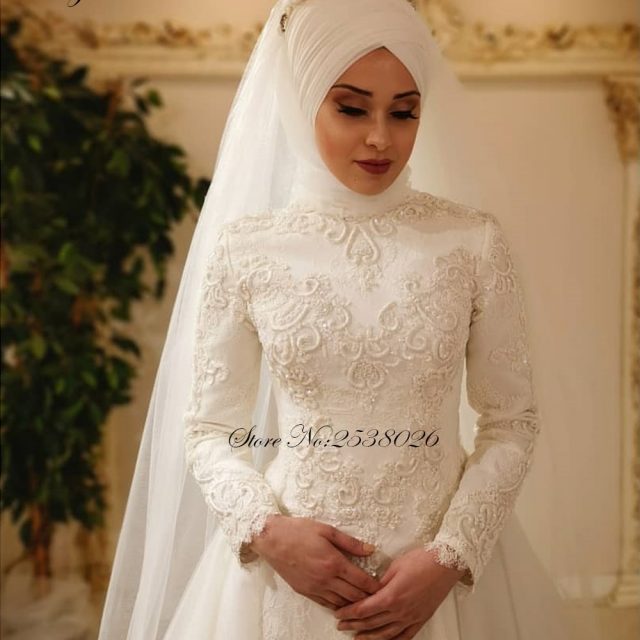 Liyuke Vestido De Noiva 2019 Elegant Long Sleeve O Neck Muslim Wedding Dresses Tulle Zipper Back Lace Islamic Wedding Gowns