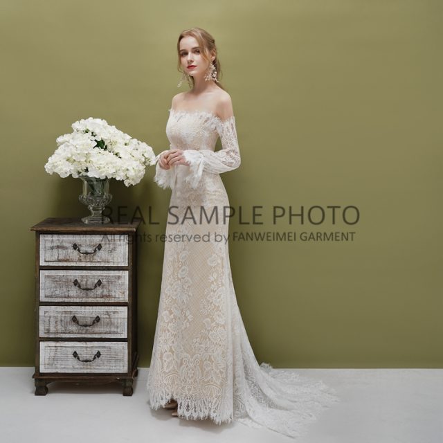 Vintage long sleeve lace boho CHAMPAGNE bridal gown wedding dresses real photo factory price