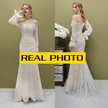 Vintage long sleeve lace boho CHAMPAGNE bridal gown wedding dresses real photo factory price