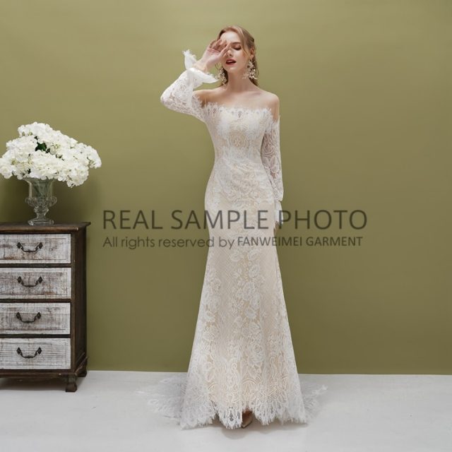 Vintage long sleeve lace boho CHAMPAGNE bridal gown wedding dresses real photo factory price