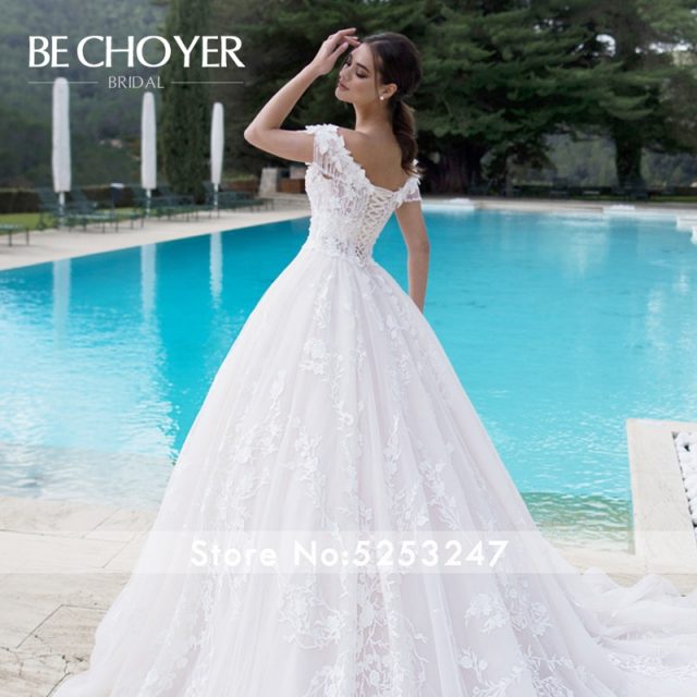 Luxury Beaded 3D Flowers Wedding Dress BECHOYER K175 Sweetheart Off Shoulder Appliques Lace Ball Gown Bride Vestido de Noiva